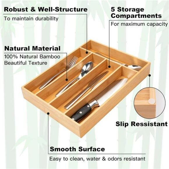 Bamboo Kitchen Drawer Organizer Utensil Cutlery Flatware Tray 5 Slot Holder - Picture 3 of 7